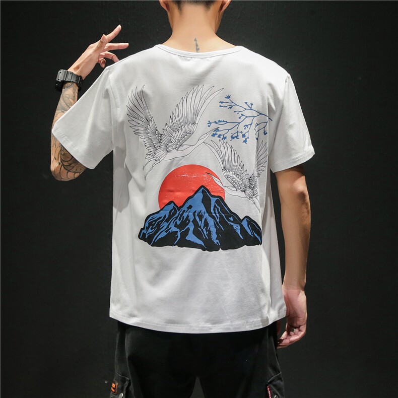 19夏季新款大码日系中国风国潮仙鹤归山印花T恤圆领短袖T022A，男装T恤，电商A021A