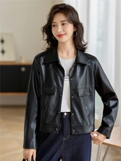 高级感军绿色翻领短款皮衣女2025秋季新款修身百搭时尚皮夹克外套，女装皮衣，魅衣本色