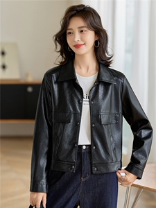 高级感军绿色翻领短款皮衣女2025秋季新款修身百搭时尚皮夹克外套图片