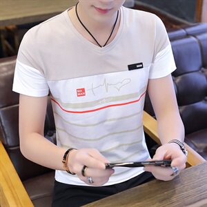 款5027短袖t恤男夏季新款韩版v领条纹纯棉体恤潮流个性半袖图片