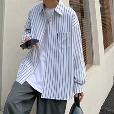 秋装条纹衬衫长袖男士外套港风潮牌休闲宽松衬衣上衣CS721P45控59，男装衬衫，电商B413-1