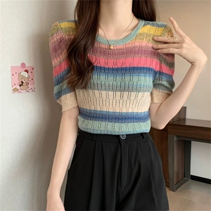 夏季休闲风时尚潮流春夏新款彩虹短袖,女装T恤,梵泰羊绒