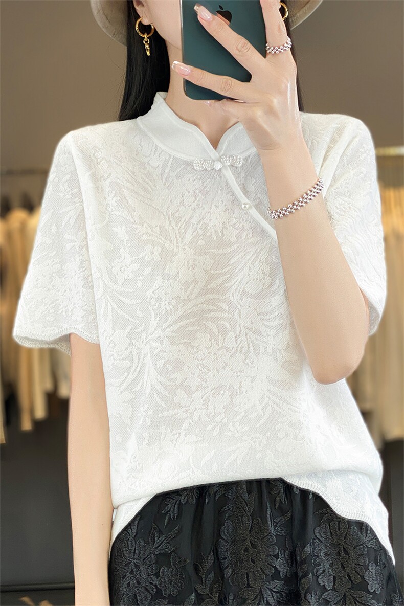 2025年夏季不连帽女士旗袍领时尚通勤百搭短袖，女装T恤，森墨