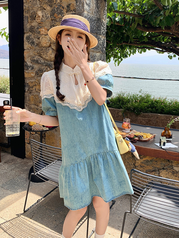 设计感蕾丝拼接牛仔连衣裙女夏2025新款高级感超好看小个子休闲裙,女装连衣裙,浙宝192（原082）