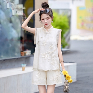中式国风刺绣短裤两件套女2024夏天穿搭一整套禅意茶服清冷感套装图片