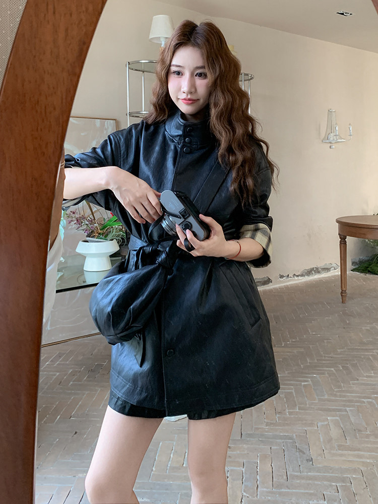 格纹拼接黑色皮衣外套女秋2025新款高级感宽松休闲酷飒风pu皮夹克,女装皮衣,浙宝192（原082）