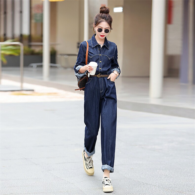 牛仔连体裤女2025春秋新款高级感女神范气质设计感小众系扣连衣裤,女装连体裤,E百度