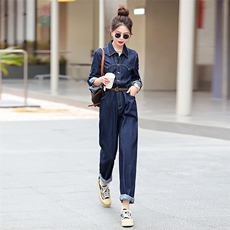 牛仔连体裤女2025春秋新款高级感女神范气质设计感小众系扣连衣裤，女装连体裤，E百度