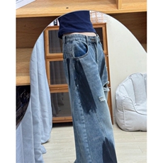 美式复古做旧破洞撞色弯刀牛仔裤男宽松直筒拖地裤P80YW915，男装牛仔裤，星座1112-1