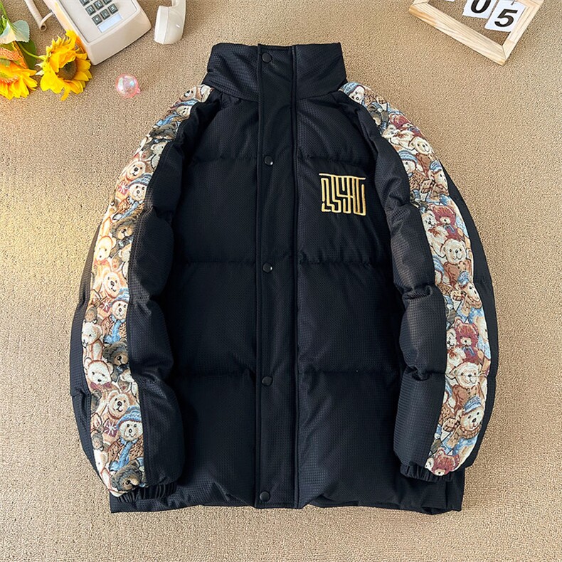 特批70冬季小熊刺绣印花宽松加厚连帽保暖校园情侣外套MY0069,男装棉衣,电商A128