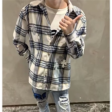 1506/QC080/P58春季新品日系复古男士休闲宽松格纹长袖衬衫衬衣潮，男装衬衫，星座1506