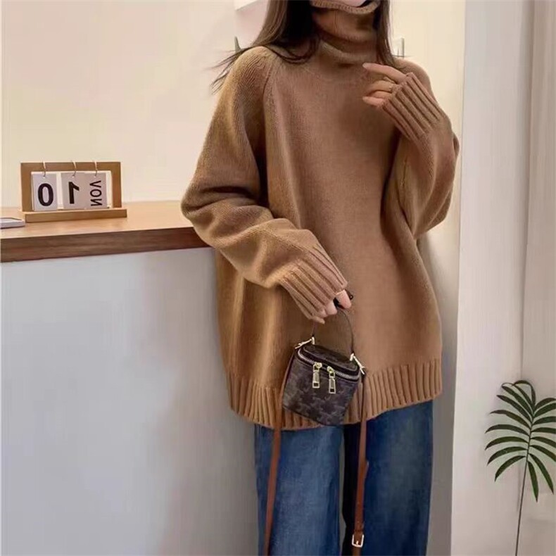 韩版宽松慵懒风高领加厚100%纯羊毛衫女长袖针织毛衣打底羊绒上衣,针织衫/毛衣,冀清阳荣