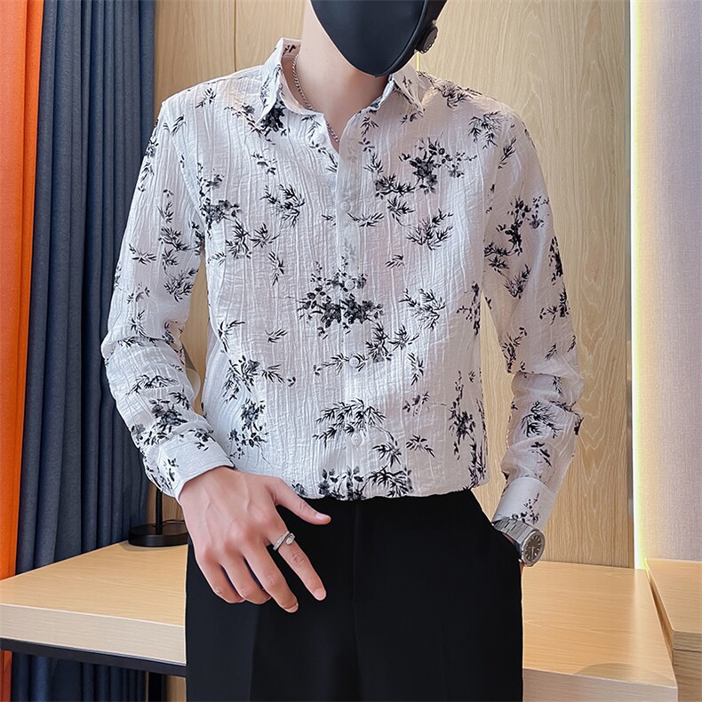301A-1/H515/P58 2024秋装新款男士印花长袖衬衫男修身花衬衣图片