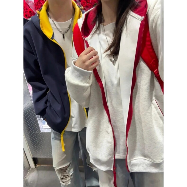 2025新款撞色拉炼开衫连帽卫衣男女秋季覆古休闲学院风情侣外套，女装短外套，星座506A