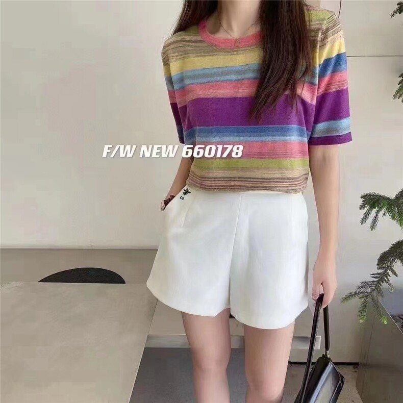 彩虹条纹短袖女宽松百搭上衣休闲时尚潮流,女装T恤,业大羊绒