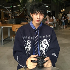 网图藏青色费尔岛毛衣开衫男美式复古情侣针织衫外套MY5333-特P60，男装针织衫/毛衣，星座1007（原301D）