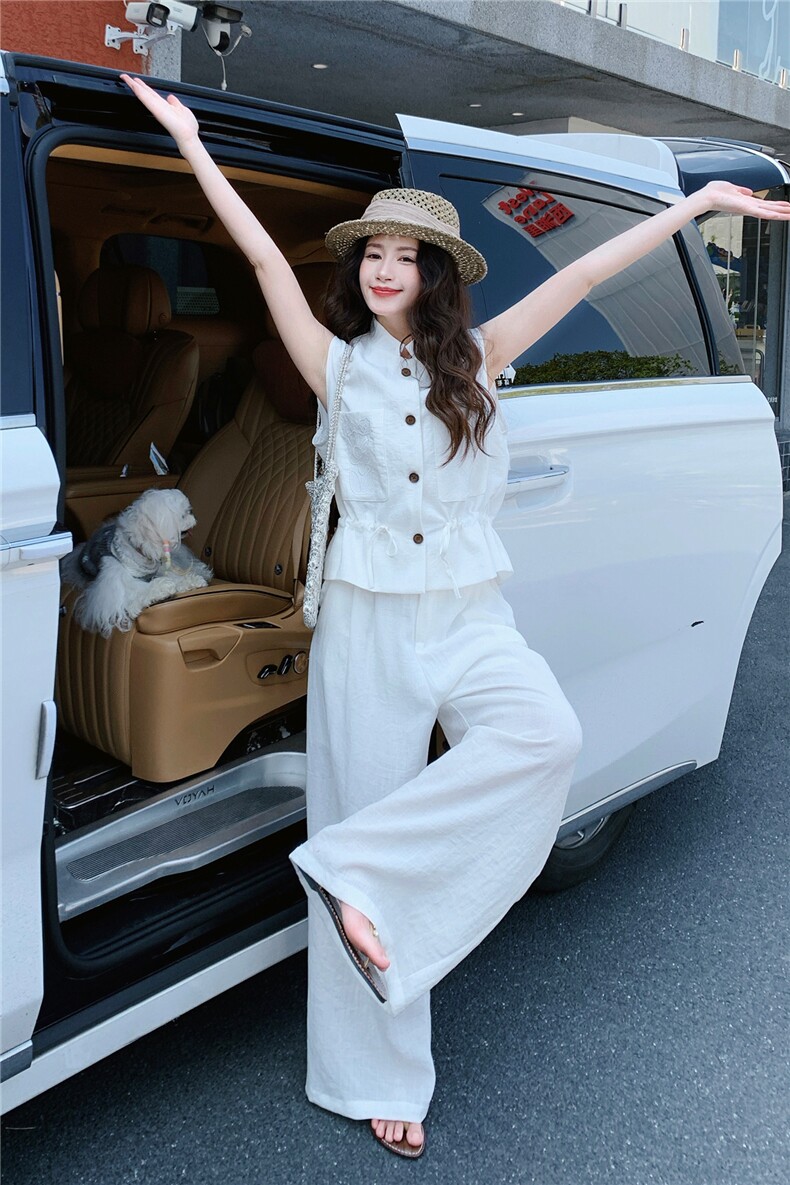 轻熟气质套装裤2026夏季新款高级感刺绣无袖马甲阔腿裤两件套,女装套装/套裙,冬木谷雨