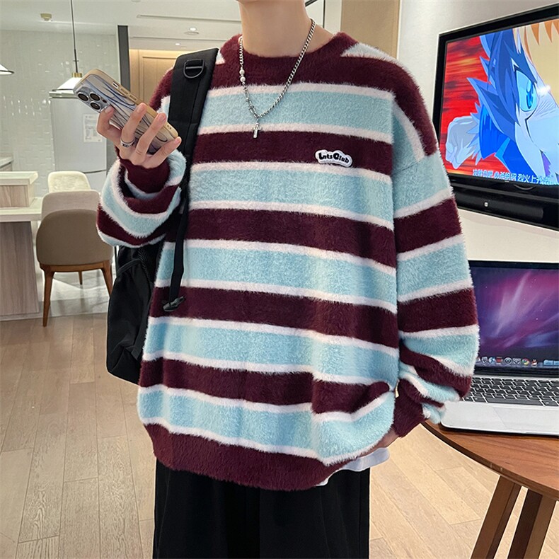 秋冬男针织衫圆领毛衣条纹拼色贴标外套M5595 P60图片