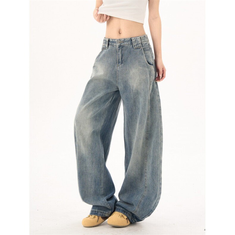 2377-P62美式复古阔腿牛仔裤女春季纹理感镰刀显瘦弯刀裤，女装牛仔裤，电商A306A