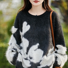 2025年秋季宽松型套头单件长袖黑白提花圆领，女装羊毛衫，片语羊绒