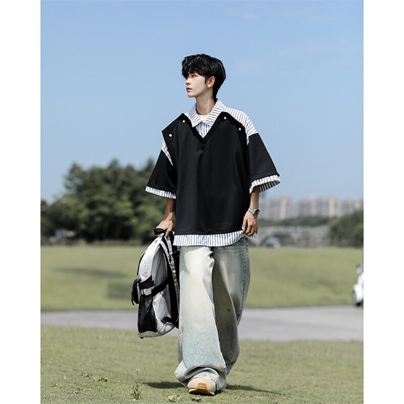 学院衬衫领t恤设计解构假两件短袖条纹拼接七分袖POLO衫DT009P50,男装Polo衫,电商B312