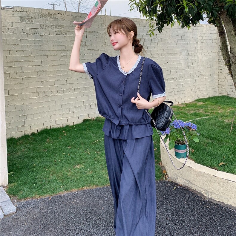 藏青色蕾丝拼接阔腿裤套装女夏2025新款两件套俏皮活泼韩版高级感,女装套装/套裙,2C159