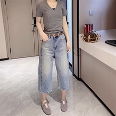 大码浅色阔腿牛仔裤女夏季薄款2025新款胖mm显瘦宽松八分直筒裤子，男装牛仔裤，星座1210-1