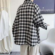 秋冬新款格子长袖衬衫男女港风复古休闲学生外套中性风H211/P45，男装衬衫，钱塘713