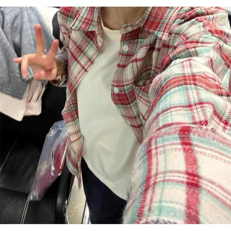 春夏季美式长袖衬衫男设计感高级感复古格子衬衣外套情侣~CS045图片