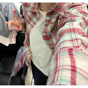 春夏季美式长袖衬衫男设计感高级感复古格子衬衣外套情侣~CS045图片