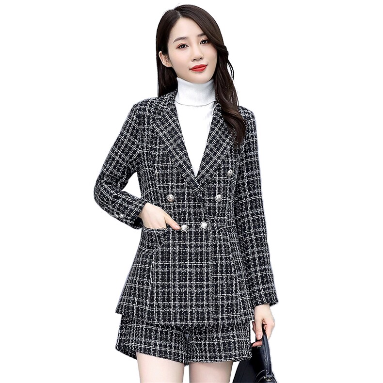 清仓春秋新款女装时髦格子毛呢小西装外套百搭短裤呢子,女装职业装,韩美纤衣
