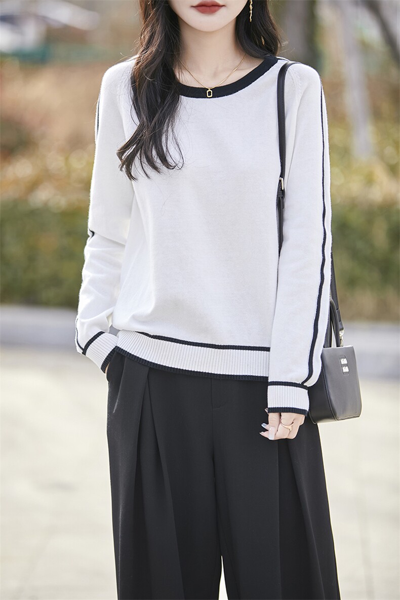 圆领纯棉毛衣打底衫女2025新款春秋季女士棉线保暖宽松拼色针织衫,针织衫/毛衣,斯美雅电商供货