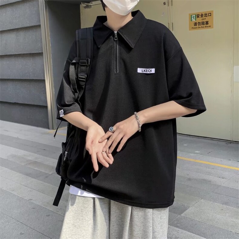 夏季半拉链Polo衫男短袖翻领ins港风复古宽松休闲T恤T971-P30,男装T恤,星座512-2