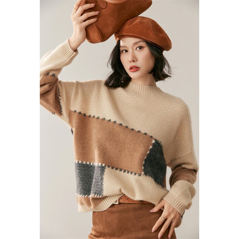 2025年秋季新款双股拼色针织套头上衣时尚百搭，女装针织衫/毛衣，鸥蕊娅羊绒