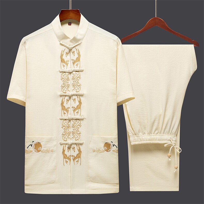 2023夏季新款唐装男士风套装短袖中年复古盘扣宽松舒适两件套，男装民族服装，电商B212（原钱塘6029）