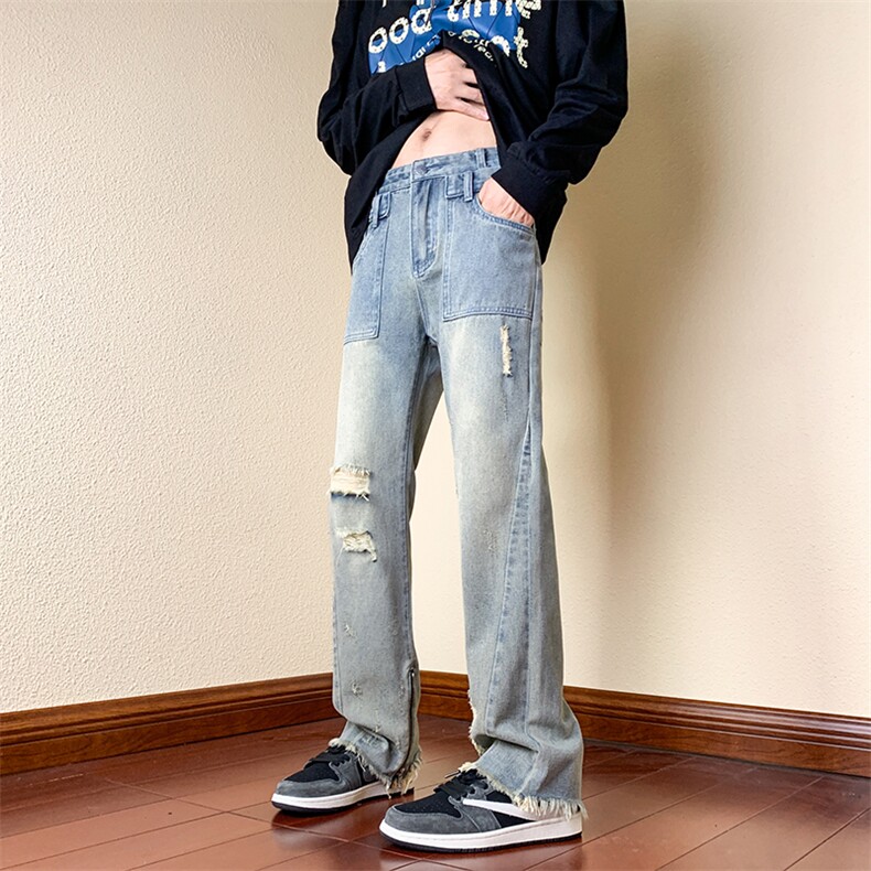 B221美式ins高街小众重工艺毛边拉链破洞牛仔裤LK23016-P65控88,男装牛仔裤,电商B221