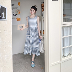 蓝白格撞色木耳边无袖连衣裙女2025夏季新款韩系减龄俏皮漂亮长裙，女装连衣裙，浙宝276（原081）
