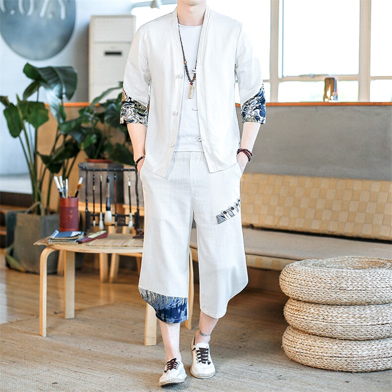夏季亚麻套装开衫风男装盘扣T恤裤子两件套A266-1-TZ4059-P75，男装休闲套装，电商A266-1