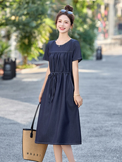短袖休闲天丝牛仔连衣裙女2024夏季新款韩版薄款收腰显瘦中长裙子，女装连衣裙，姿衣坊