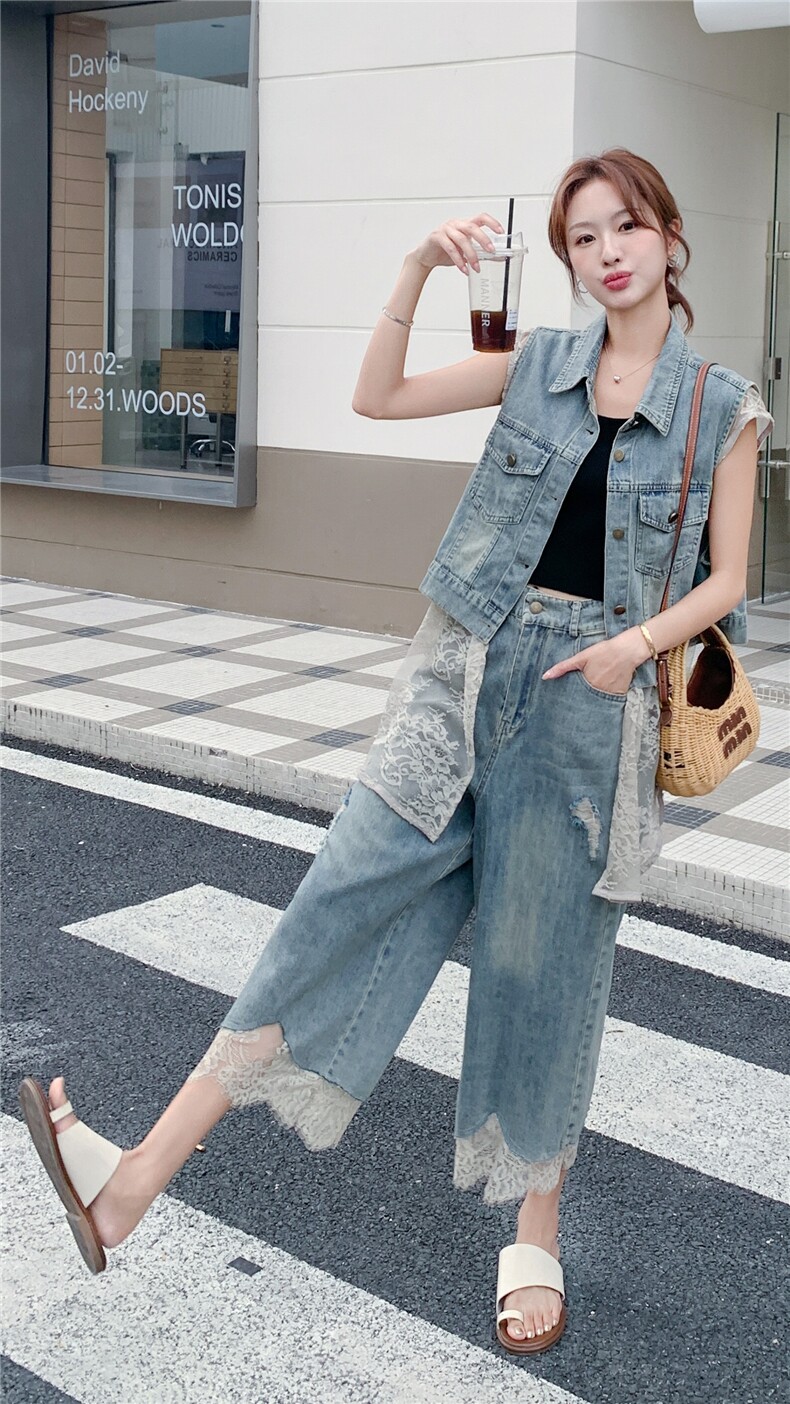 韩版蕾丝拼接牛仔马甲阔腿裤套装女2025夏季新款度假风显瘦两件套,女装套装/套裙,2C316