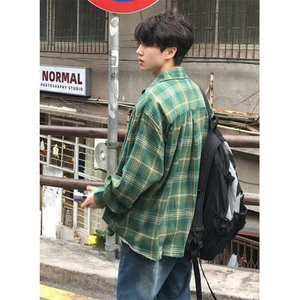 潮牌抹茶绿色格子衬衫男春秋季高级设计感小众ins风外套 CS312图片