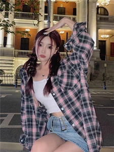 粉色格子衬衫外套女夏季薄款外搭开衫防晒衬衣披肩罩衫小个子上衣图片