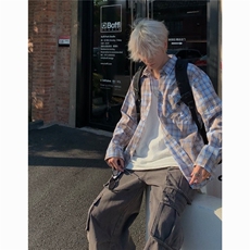 格子衬衫男士长袖扎染帅气百搭宽松2024秋季新款ins外套CY875-P43，男装衬衫，星座412-2