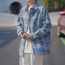 2025新款树纹水洗复古宽松长袖格子衬衫休闲上衣DX802P50控79，男装衬衫，电商B413-1
