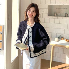 深蓝色小香风蕾丝拼接短外套女2025春季小个子名媛气质高级感上衣，女装短外套，2C169