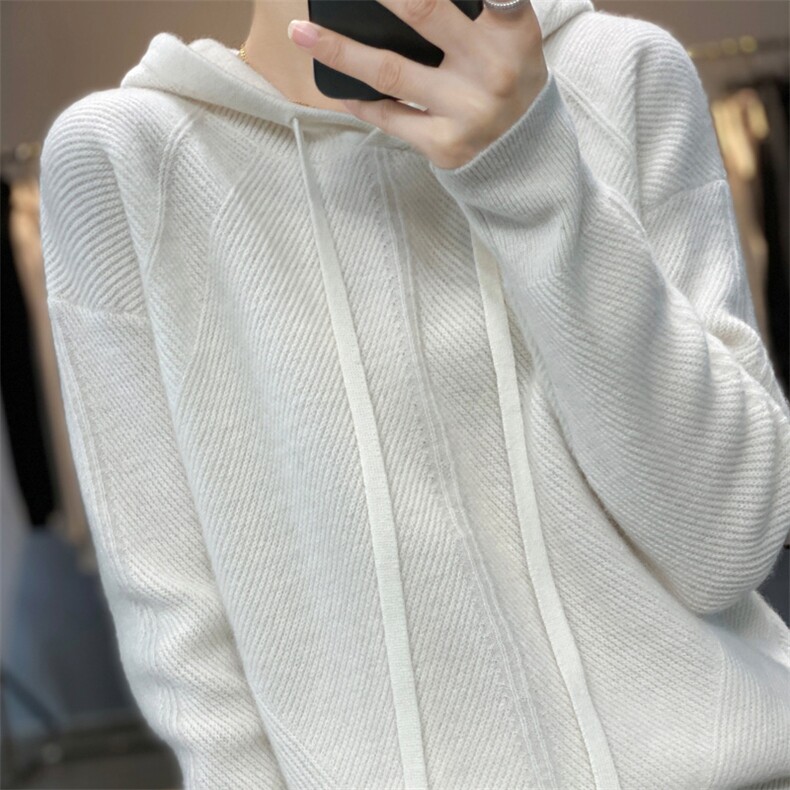 25秋冬新款100%纯羊毛连帽抽绳卫衣女宽松套头毛衣针织羊绒衫上衣,针织衫/毛衣,艾驰羊绒