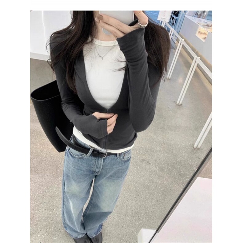 黑白撞色假两件打底上衣女秋冬2025新款修身V领长袖T恤辣妹内搭,男装T恤,星座506A