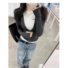 黑白撞色假两件打底上衣女秋冬2025新款修身V领长袖T恤辣妹内搭，男装T恤，星座506A