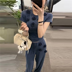 盐系高级感时尚气质套装女春新款圆领立体花朵上衣阔腿长裤两件套，女装套装/套裙，江南
