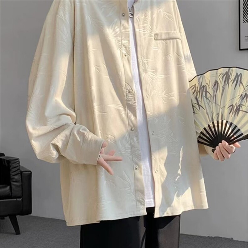 潮新中式盘扣提花立领衬衫男装风唐装长袖衬衣潮流宽松外套,男装衬衫,星座1210-1